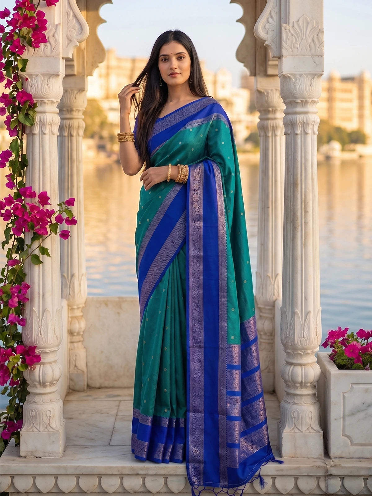 Tarani teal soft silk saree with royal blue zari border front view for festive and party wear