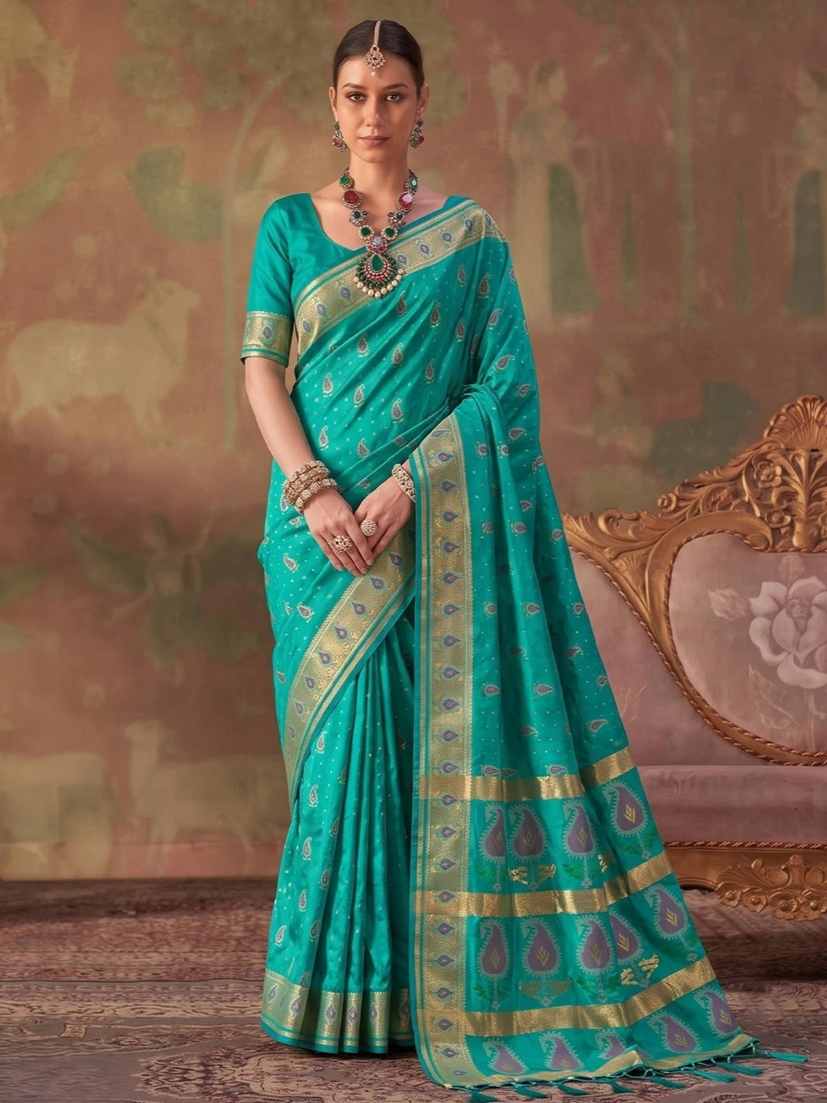 Tarani teal silk saree with zari weaving front view for wedding and festive wear