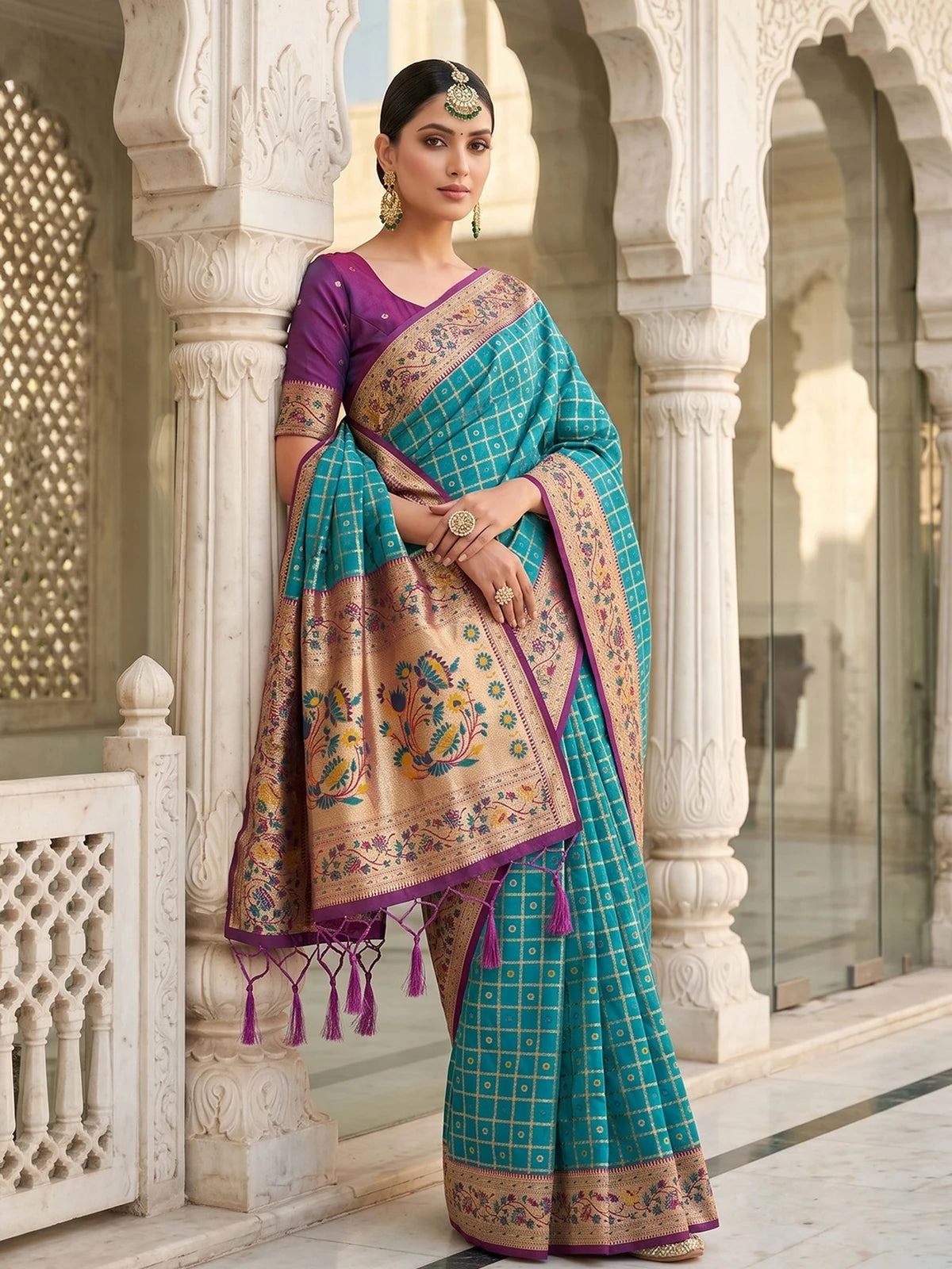 Tarani premium Banarasi silk teal saree with floral pallu and zari checks full view