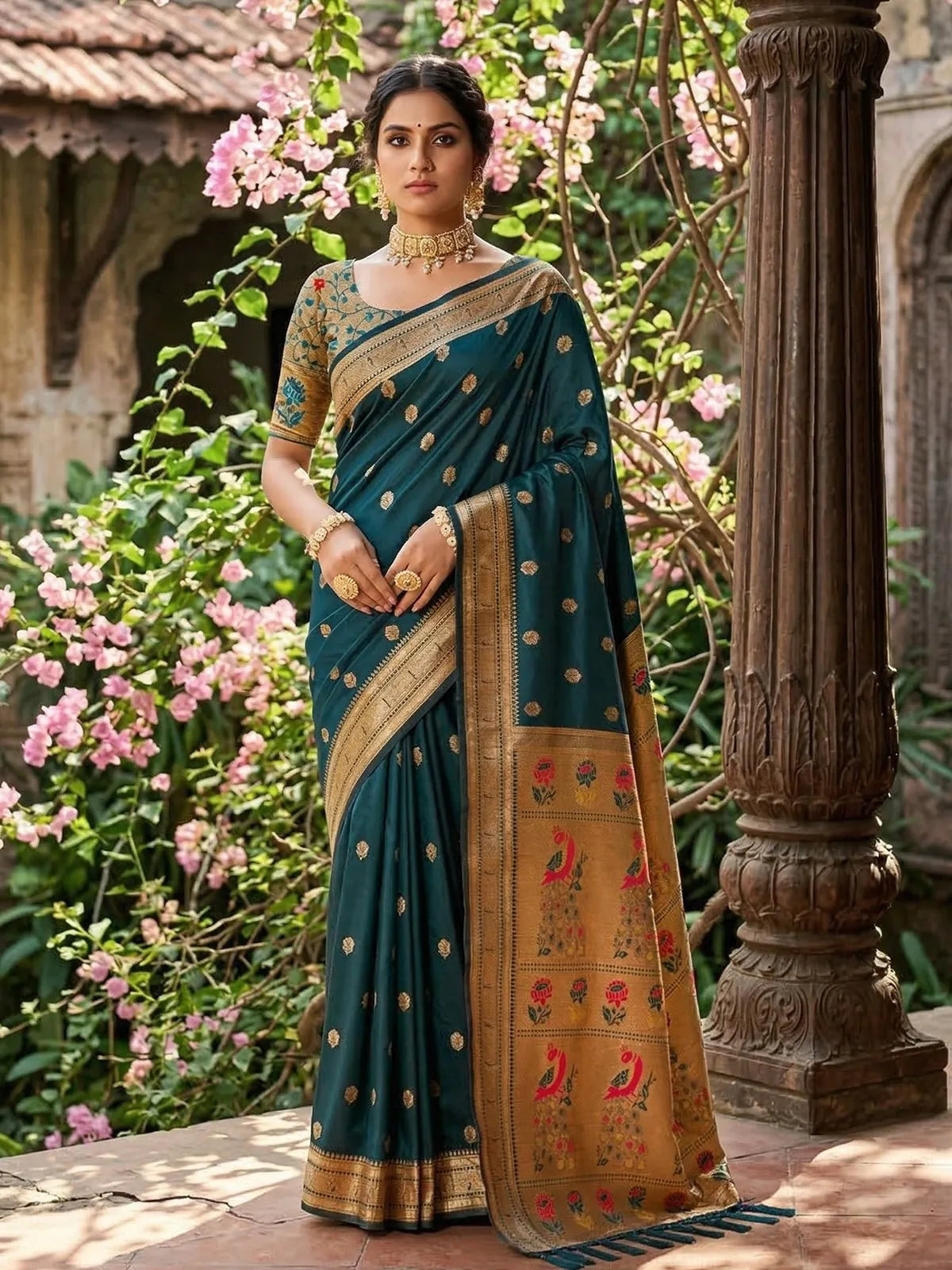 Tarani teal soft silk saree with zari border and artistic pallu full front view