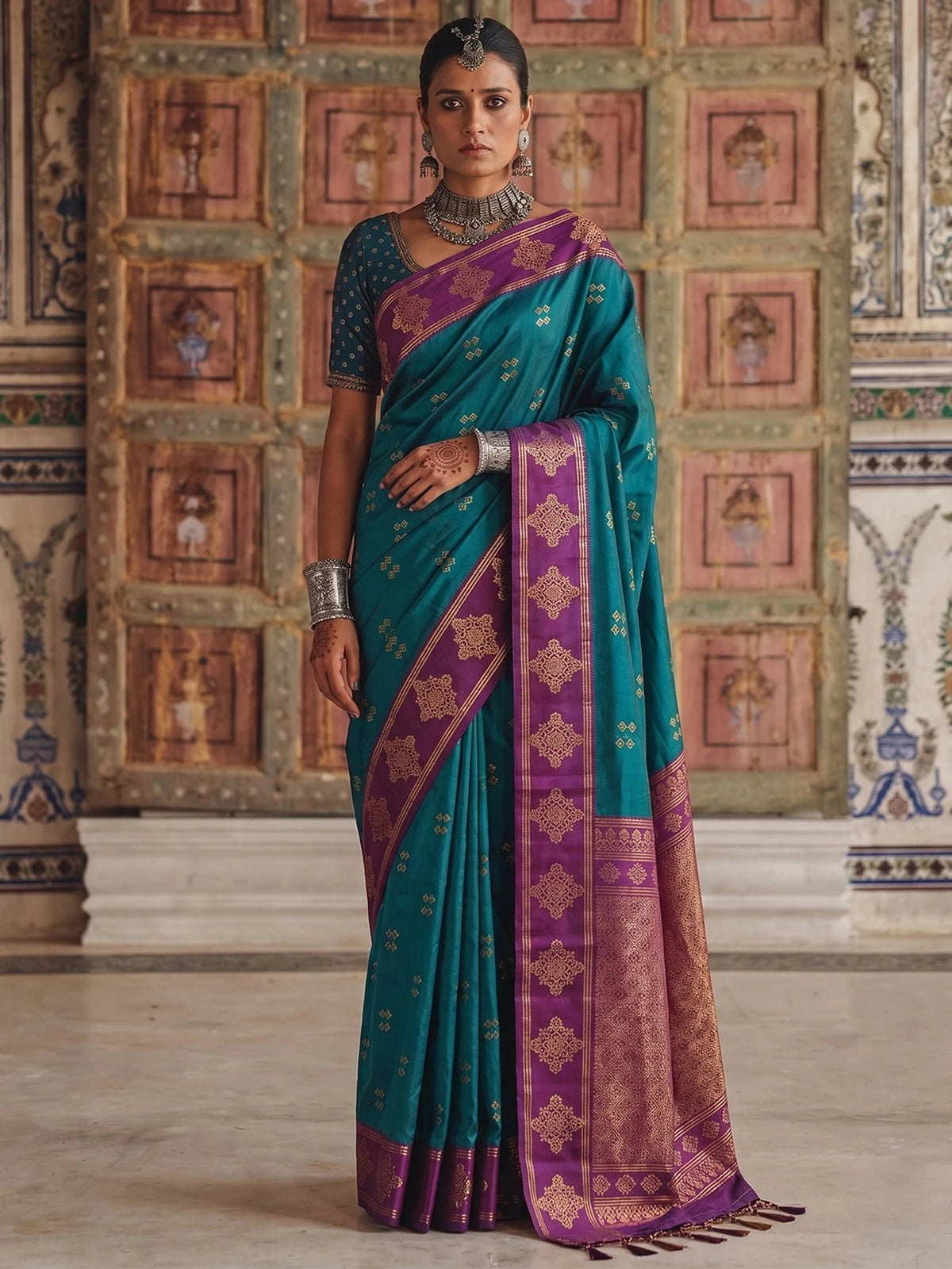 Tarani premium soft silk teal saree with purple woven border full view Smruti