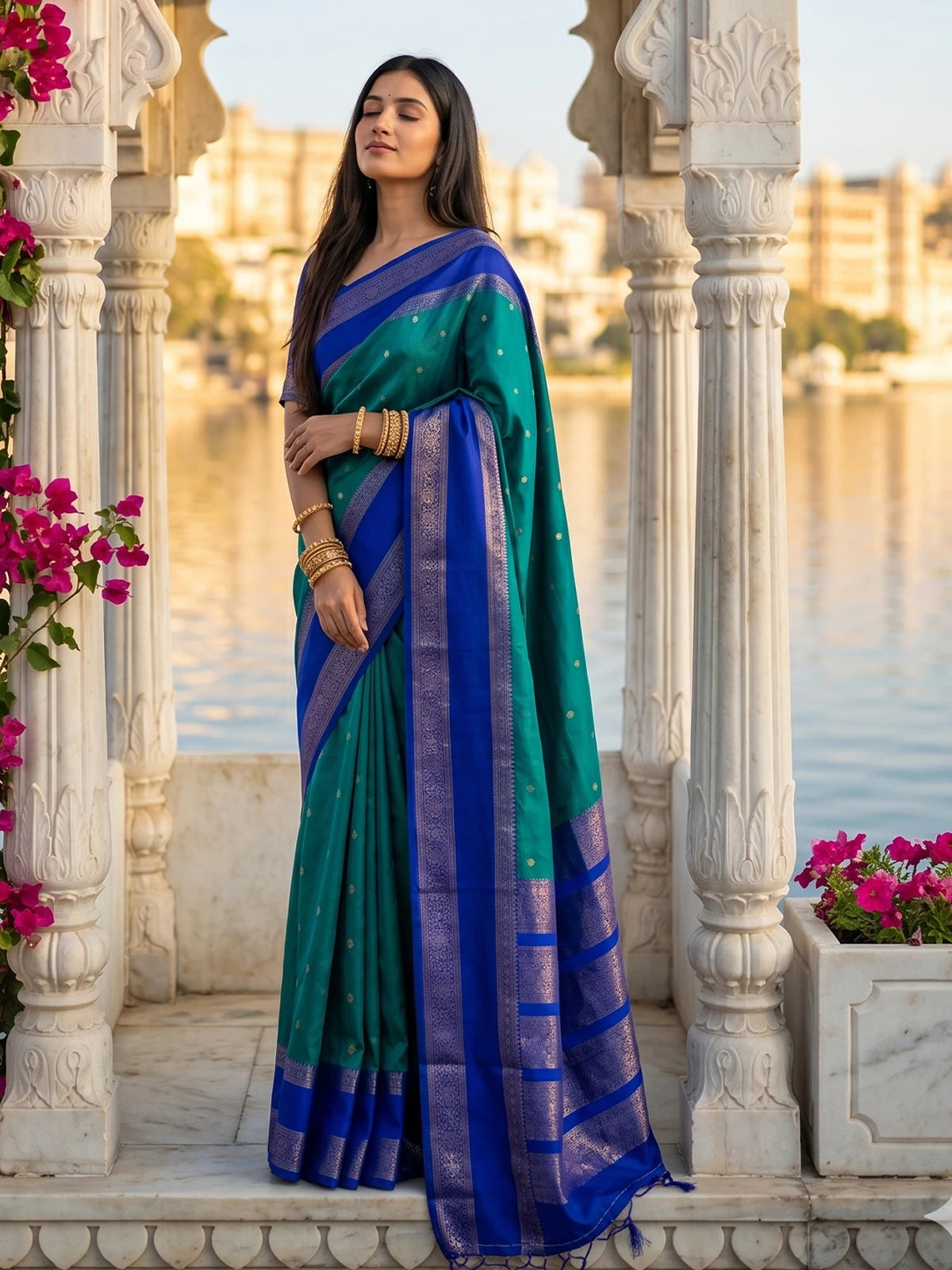 Tarani teal soft silk saree full view with royal blue zari woven border and elegant festive drape