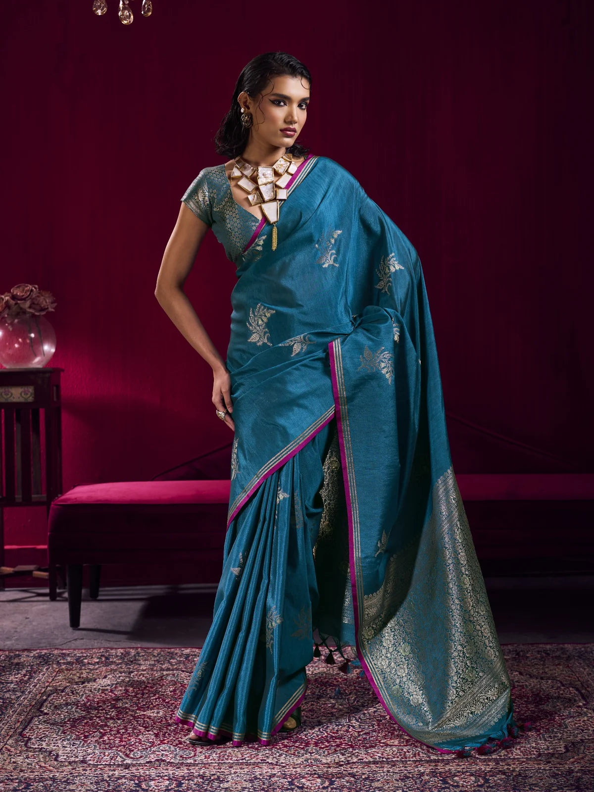 Tarani teal satin linen handloom weaving silk saree full view with zari woven detailing