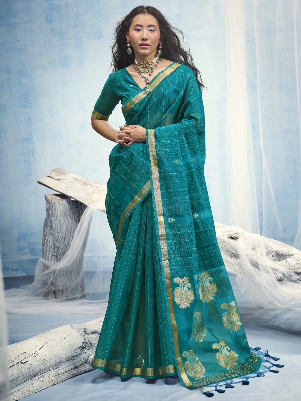 Tarani pure Munga Silk Handloom teal saree with organza pallu full-view