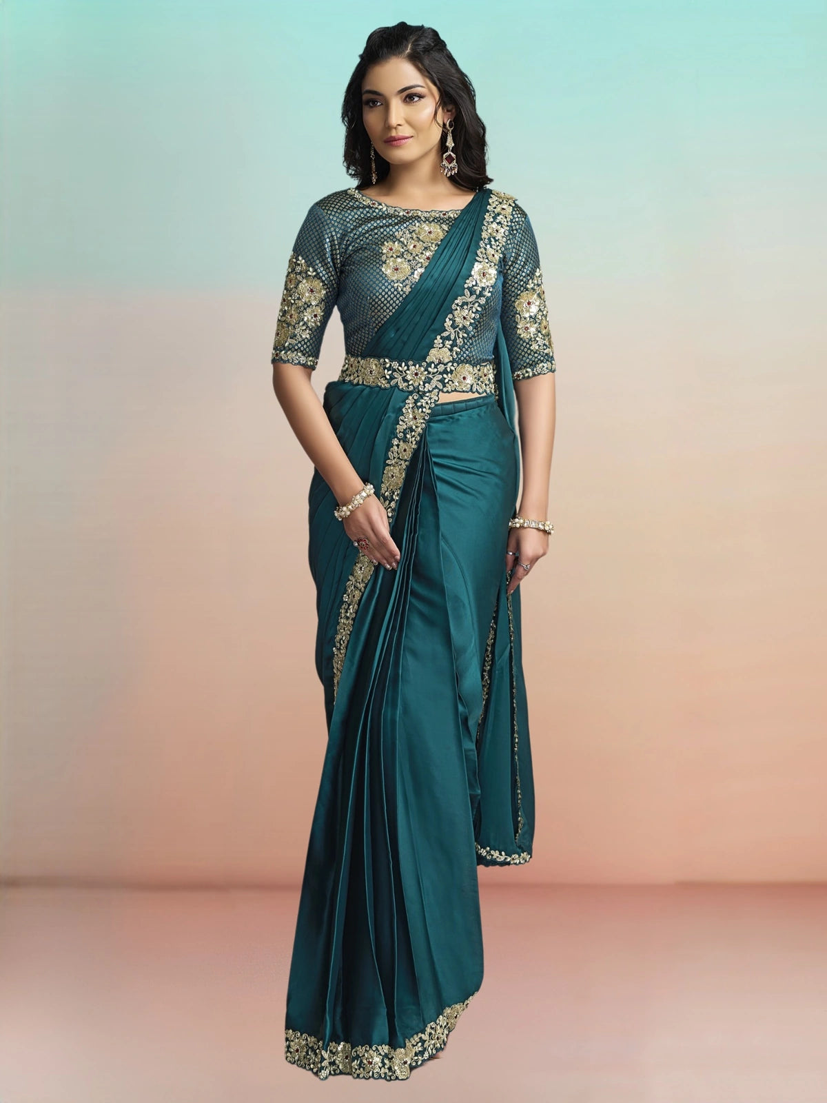 Tarani Shreeya teal lustrous satin silk ready to wear saree full view with floral sequin pearl stone work
