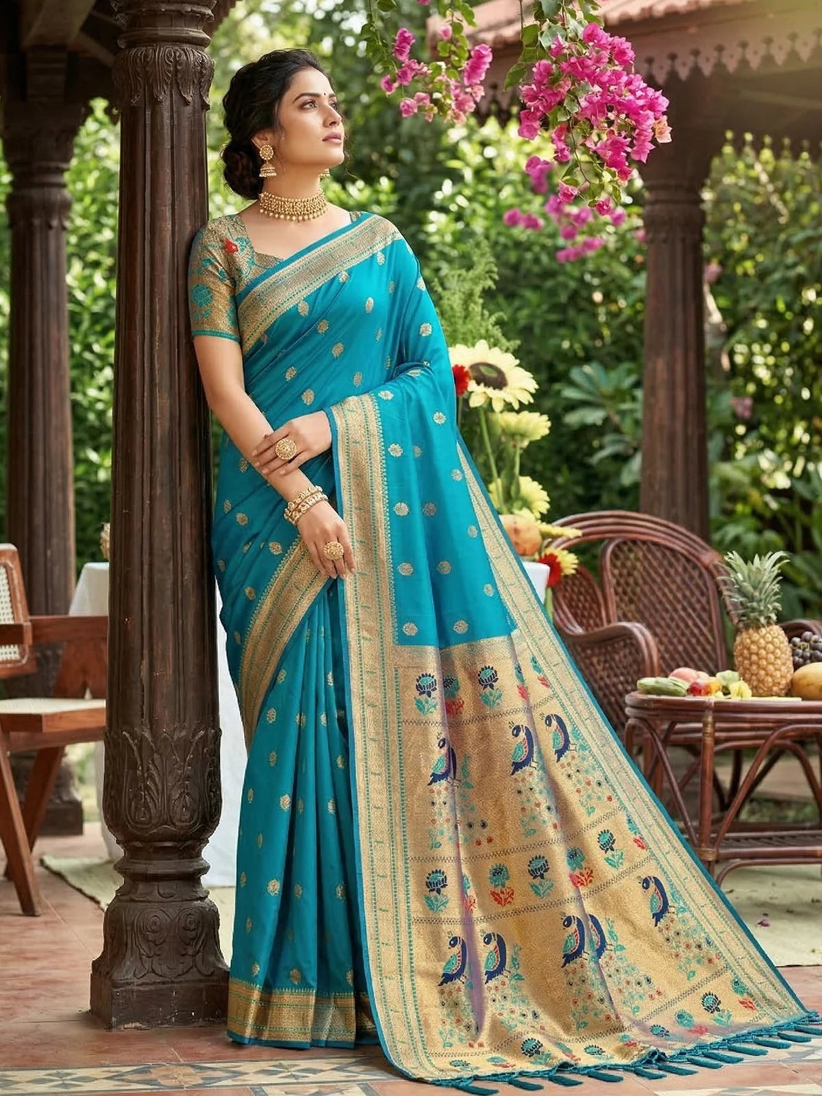 Tarani Swarada teal soft silk saree pallu view with woven peacock motifs