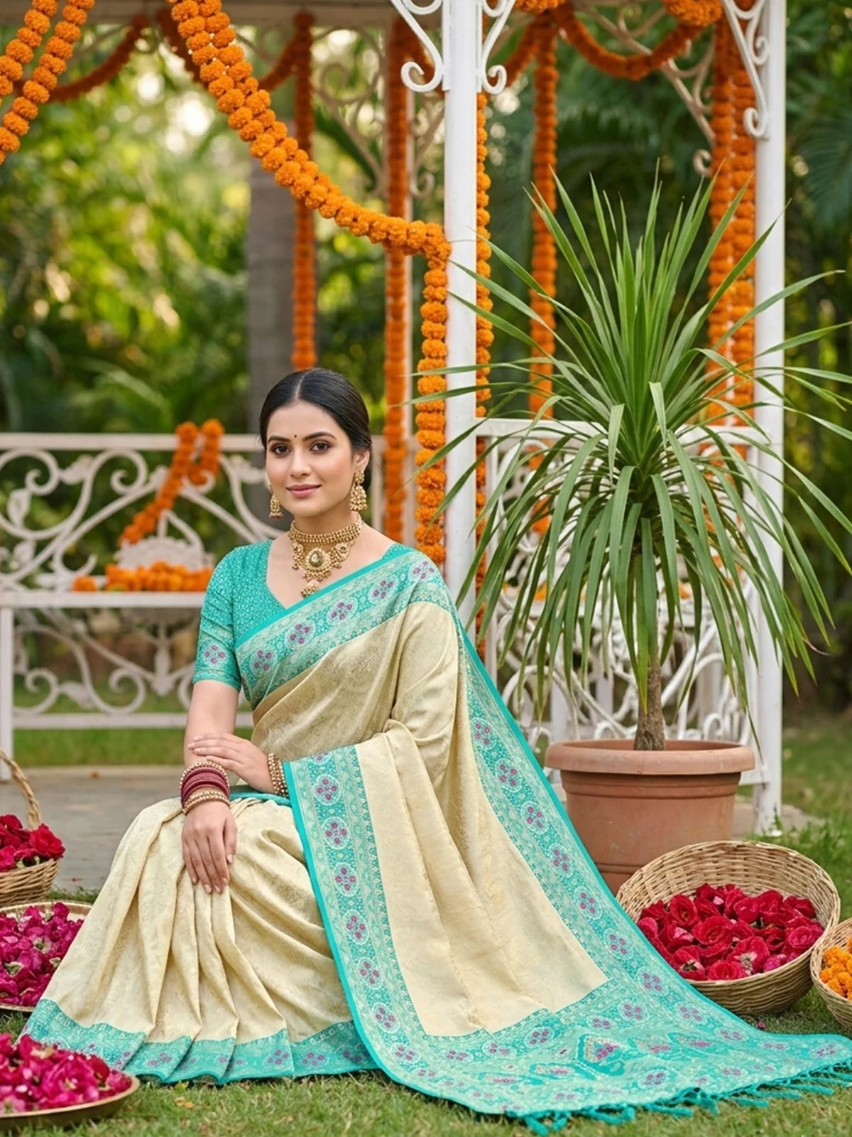 Tarani Avantika teal soft silk saree with woven pallu and designer contrast border elegant seated view