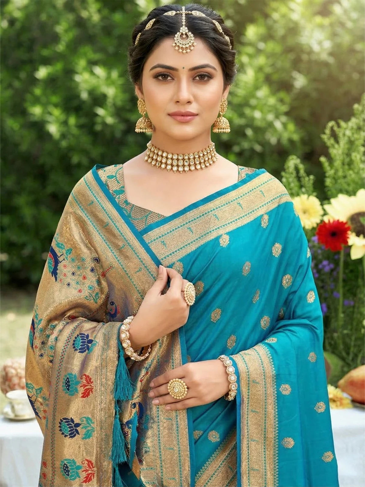 Tarani Swarada teal soft silk saree upper body view with zari border detailing