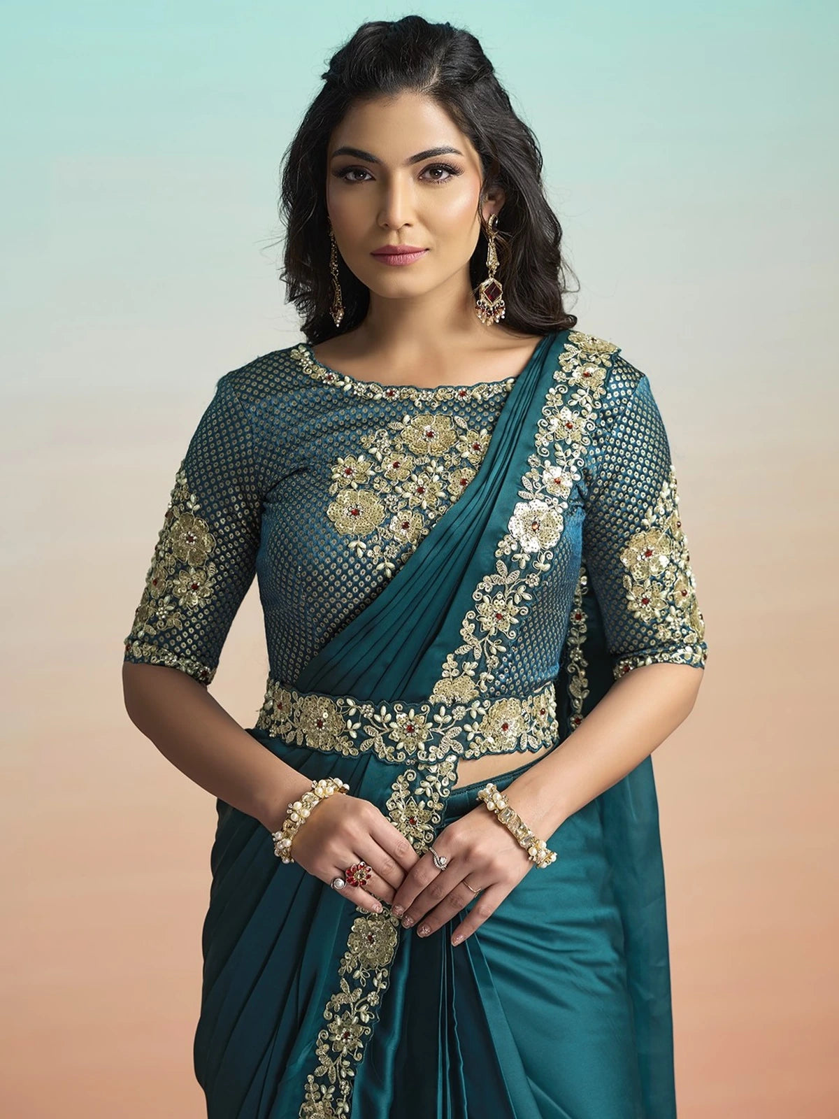 Tarani Shreeya teal silk ready to wear saree upper body view with embroidered brocade blouse and belt