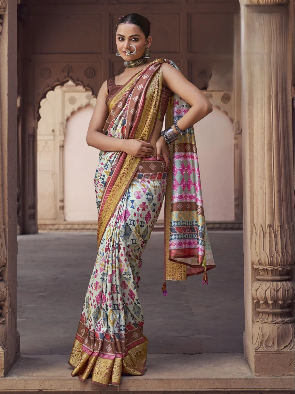 Tarani premium white silk saree with golden border and full body design view