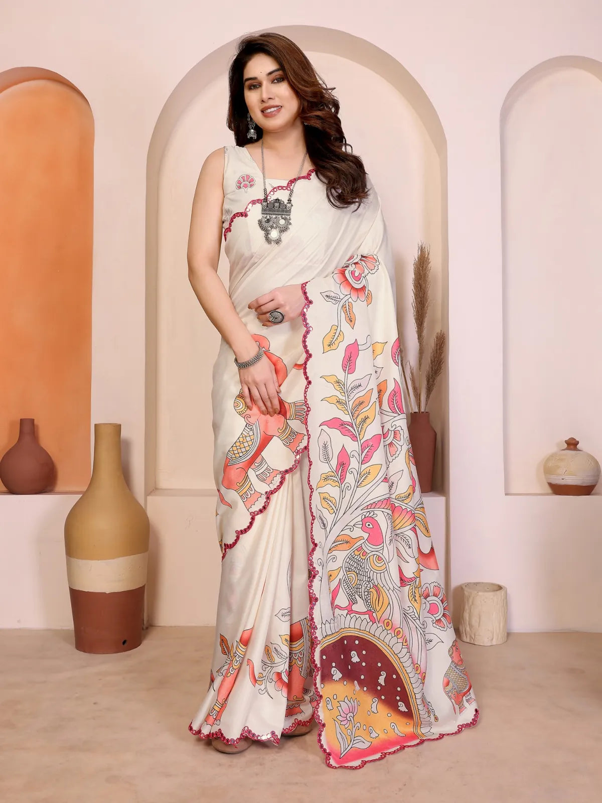 Tarani Manipuri silk white saree with kalamkari print and mirror border full view