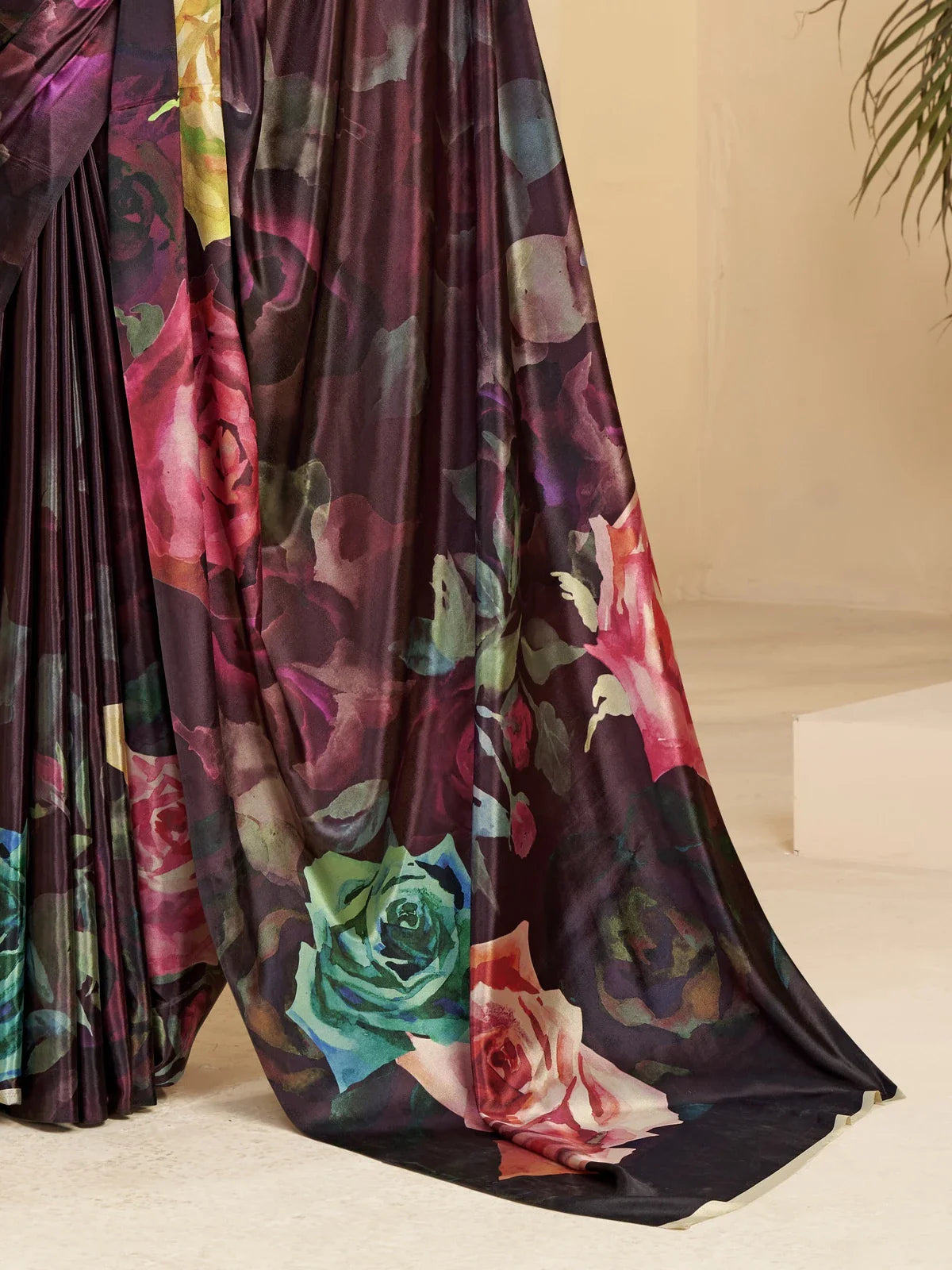 Tarani wine silk saree closeup of floral pallu and modern digital rose print