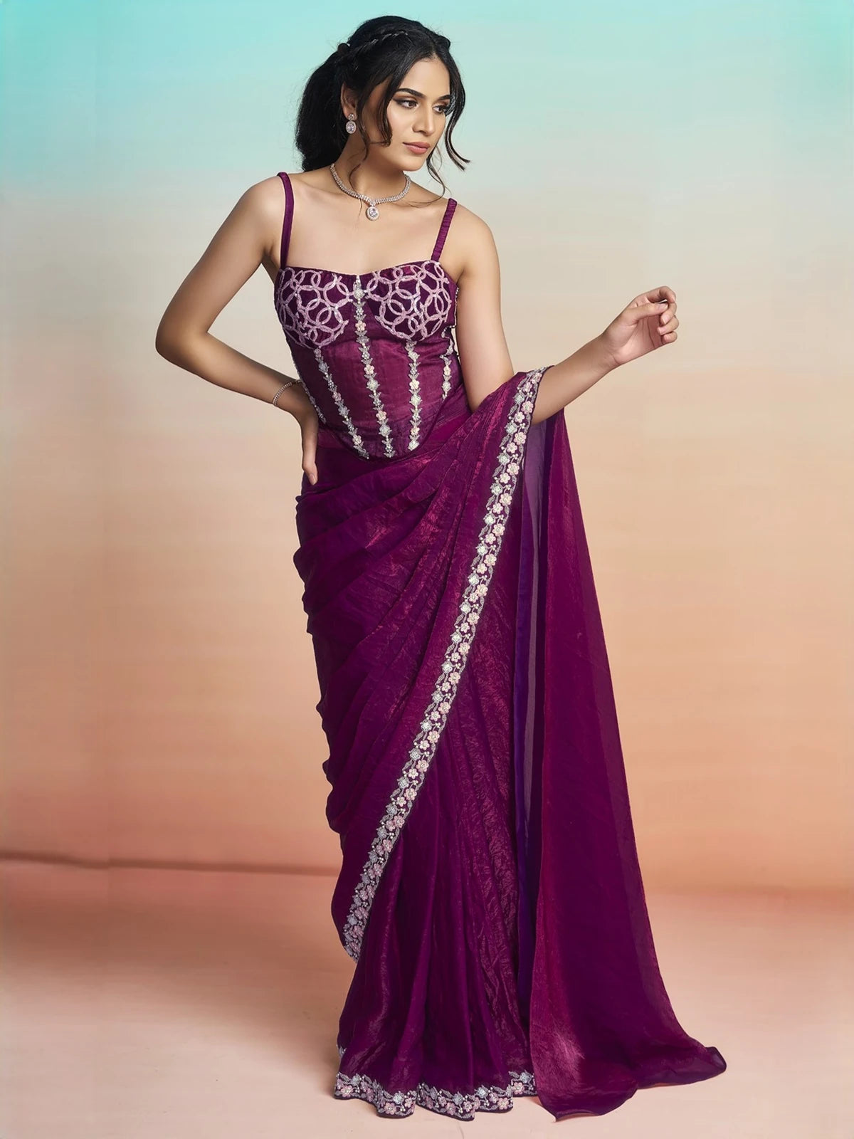 Tarani wine ready to wear satin silk saree front-view