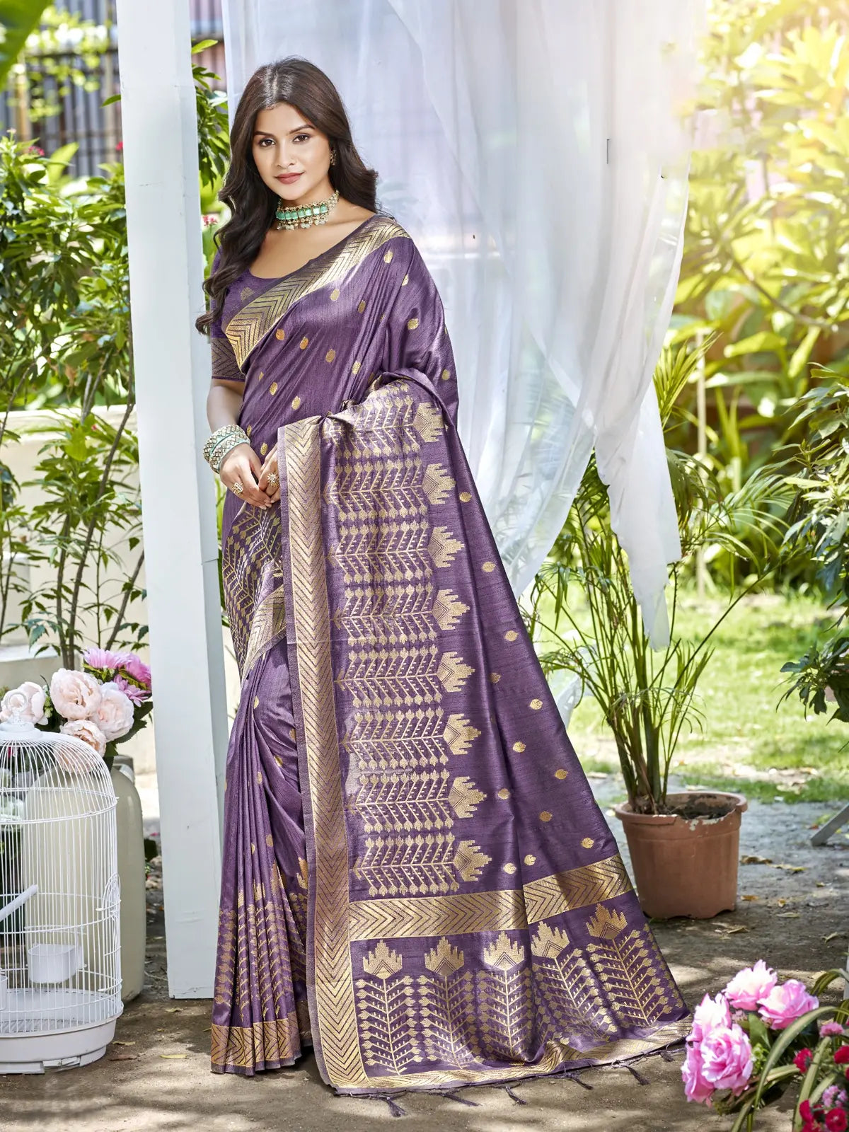 Tarani premium wine Assam silk festive saree with golden zari design full view