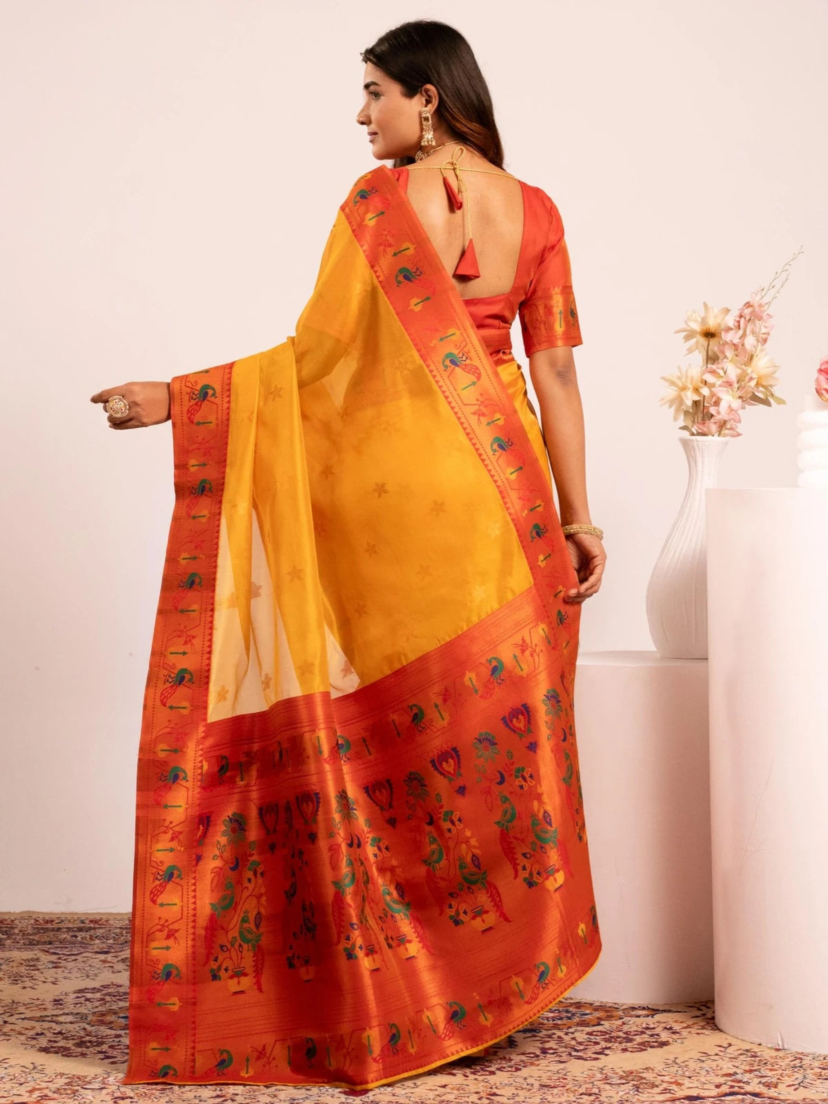 Tarani yellow soft tissue silk Paithani saree back view