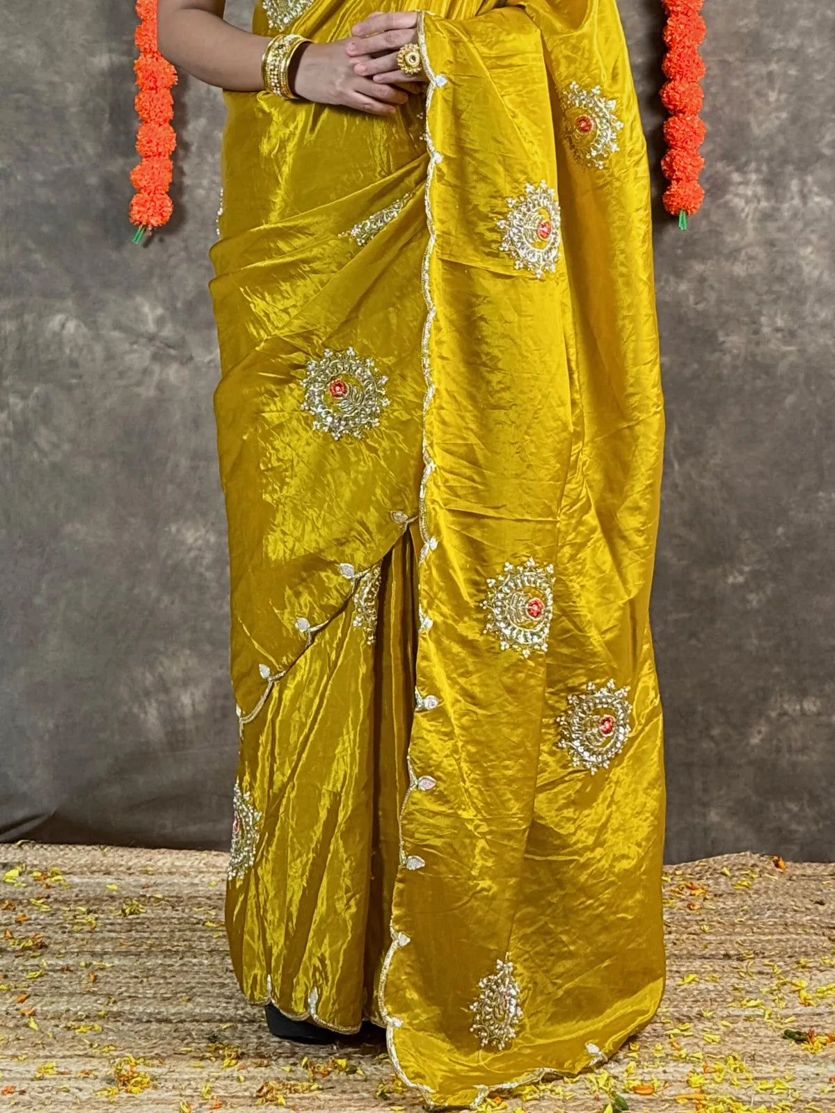 Tarani close-up yellow silk saree showcasing fine embroidery and traditional detailing