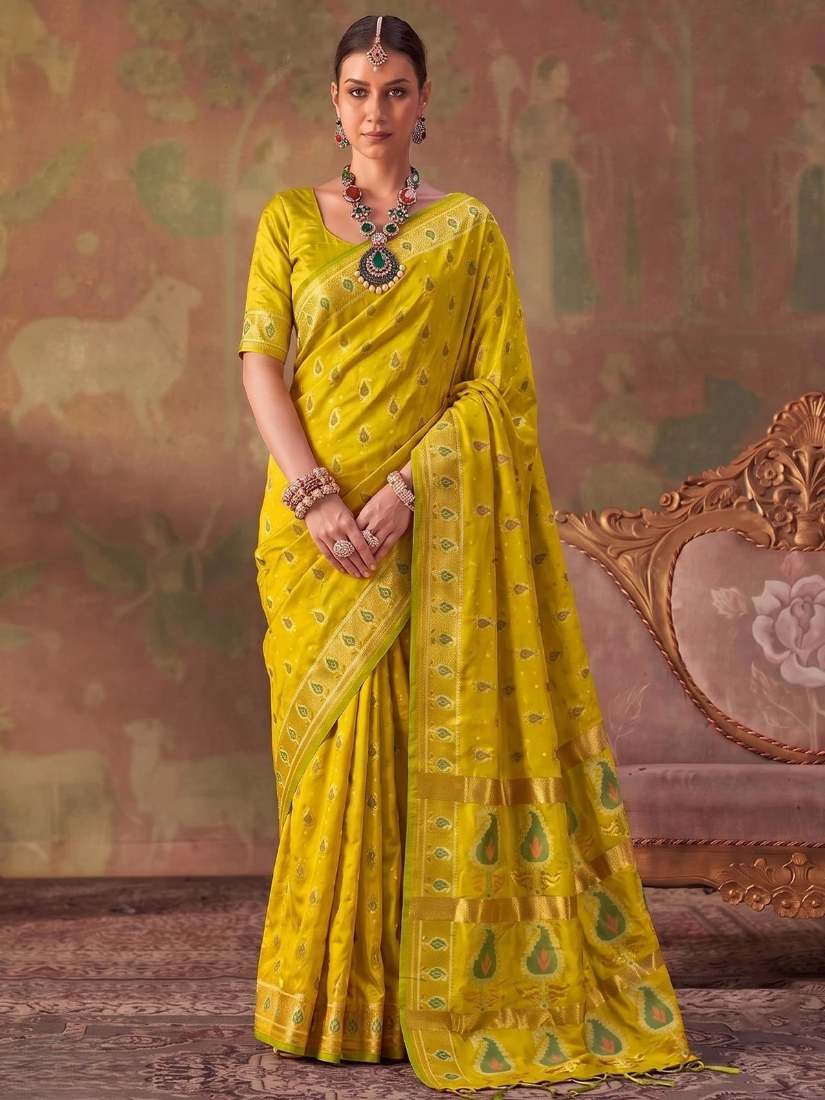 Tarani yellow silk saree with zari weaving front view for party and wedding wear
