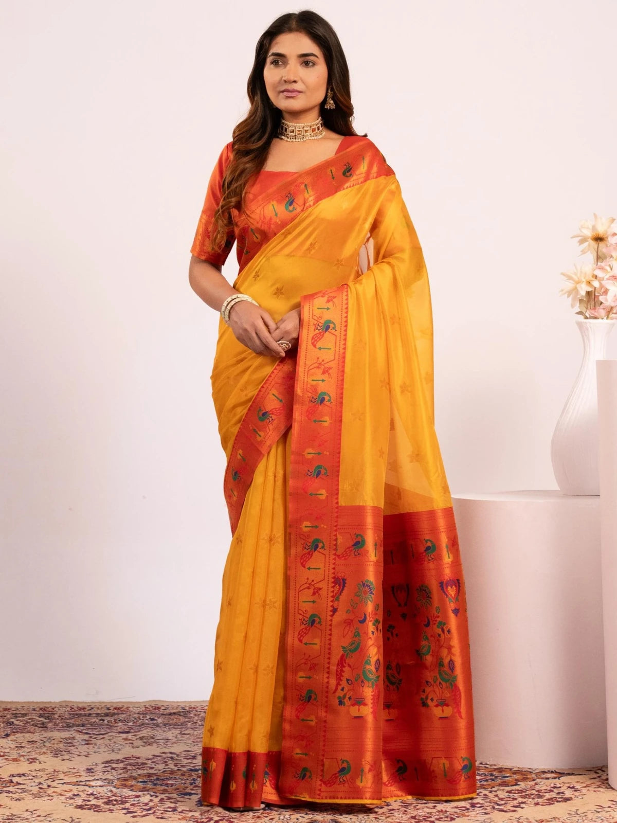 Tarani premium yellow soft tissue silk Paithani saree full view with zari woven border and blouse