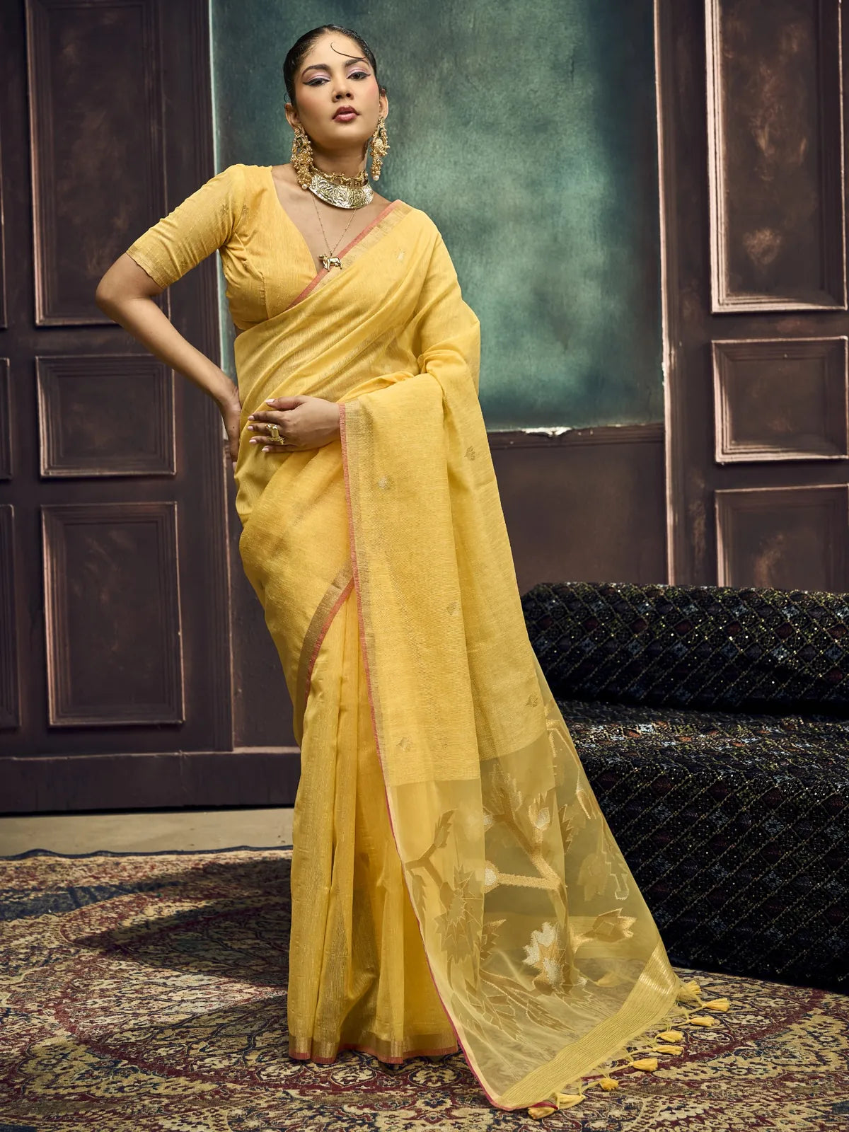 Tarani yellow Pure Munga Silk Handloom Weaving saree full view with woven pallu and unstitched blouse piece