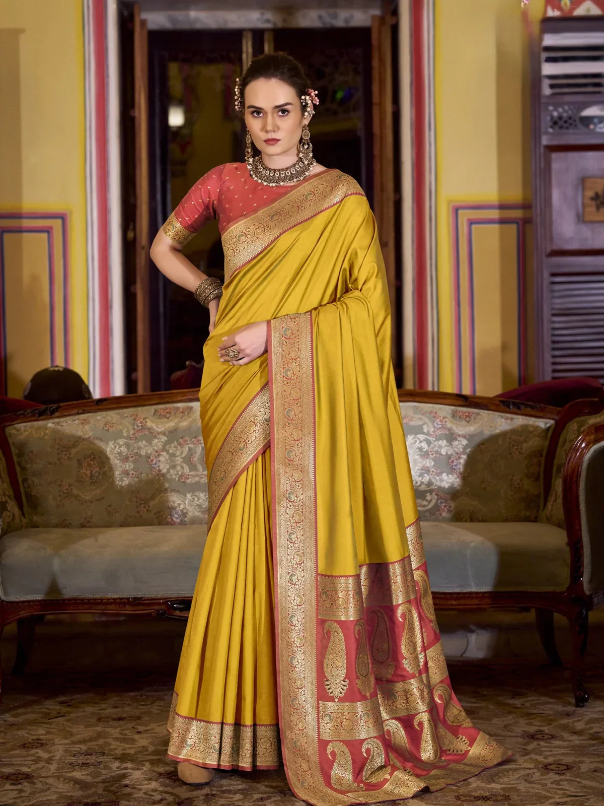 Tarani premium yellow silk saree with red border full view for festive wear