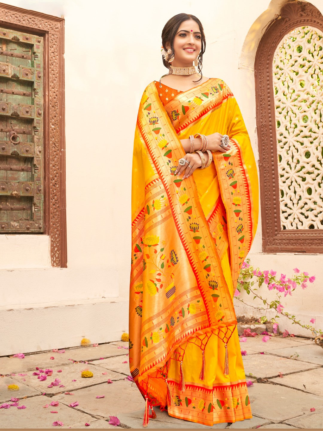 Tarani yellow Paithani silk saree with zari border and floral motifs full view for festive wear