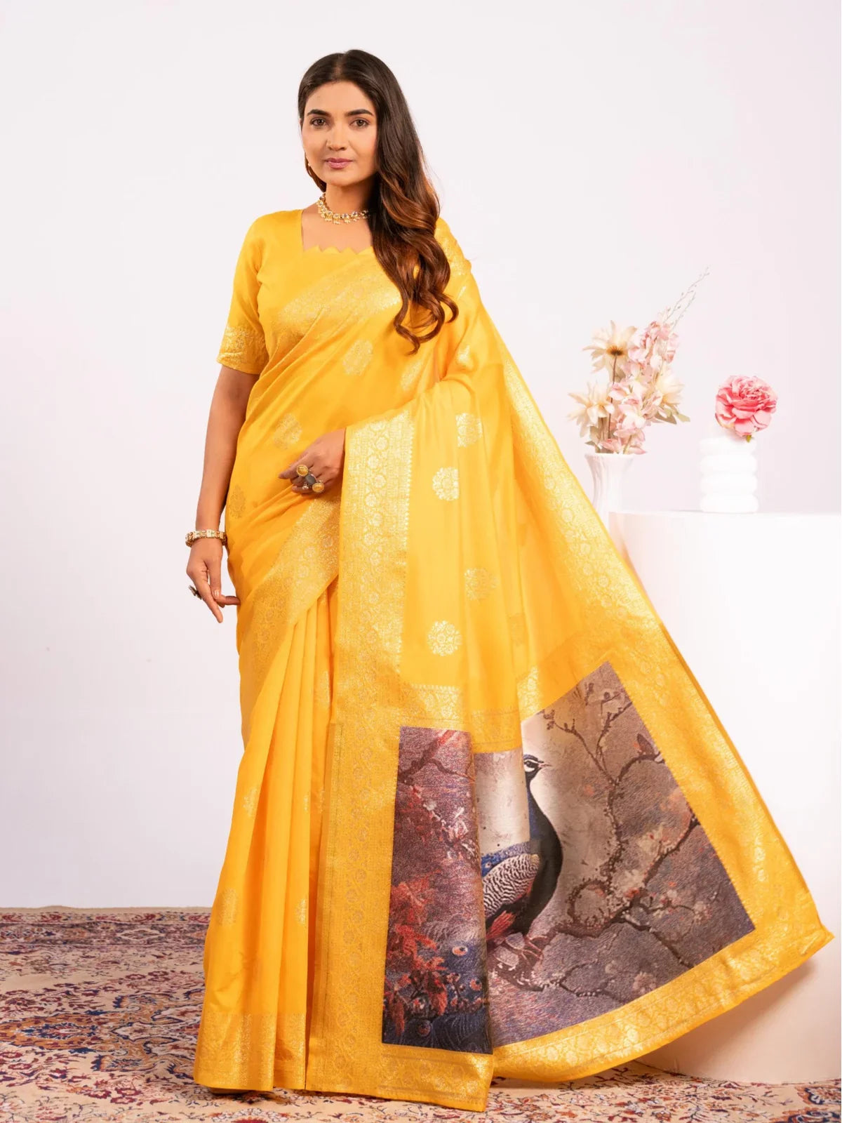 Tarani yellow banarasi silk saree full view with peacock resham weave and matching blouse piece