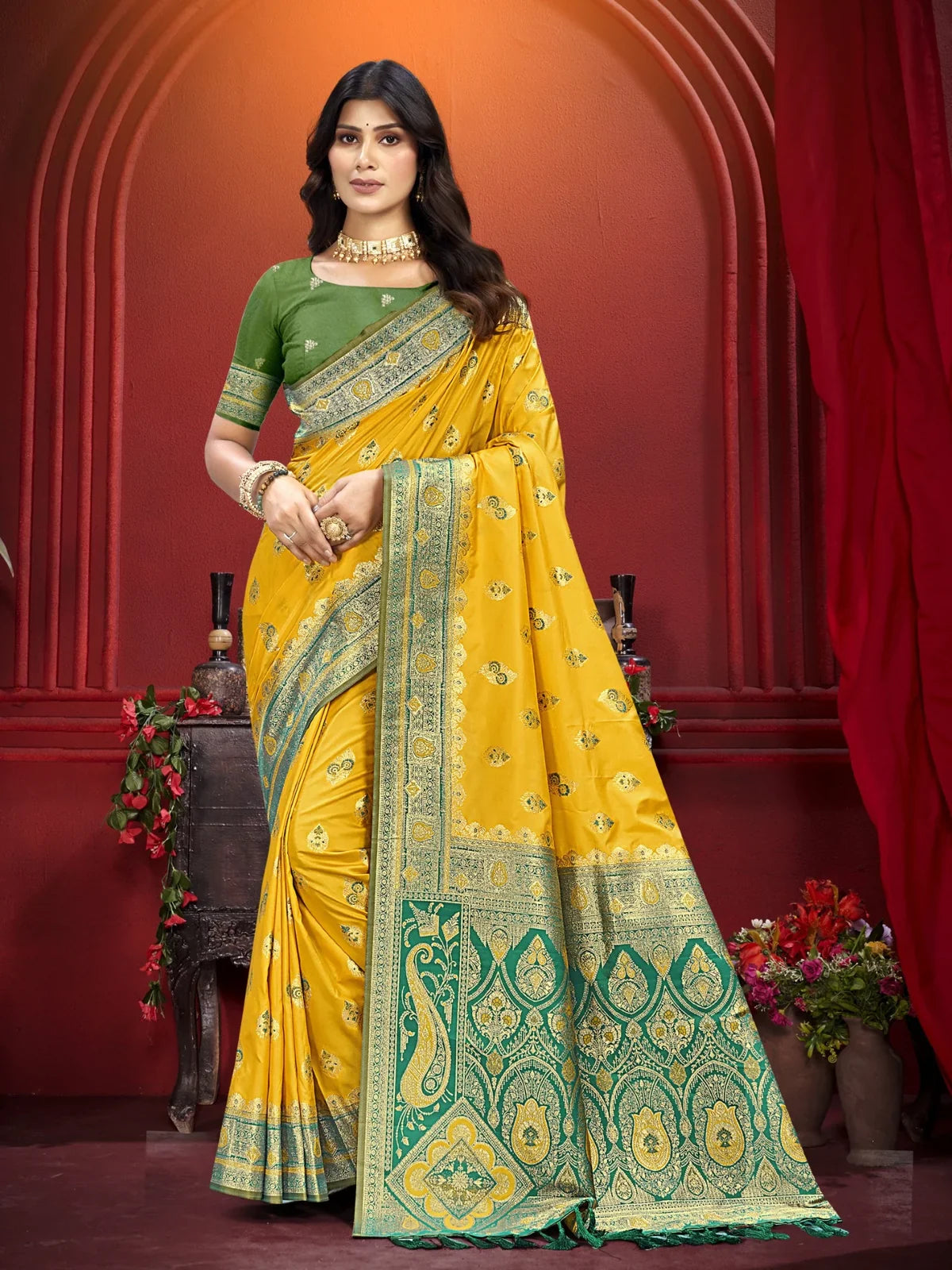 Tarani premium yellow silk saree with green border and zari work for festive occasions