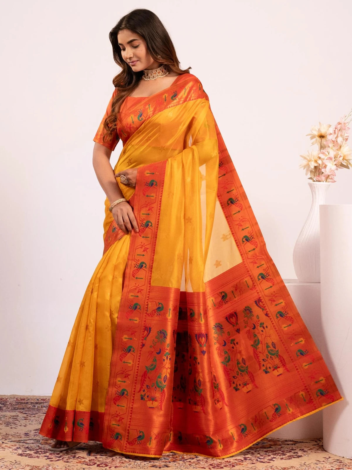 Tarani yellow Paithani saree pallu view with Meena woven zari design