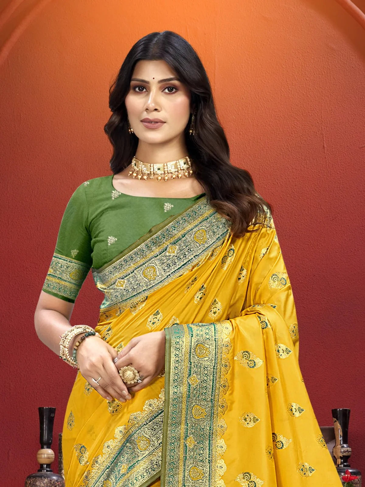 Tarani yellow silk saree upper body view showing elegant zari border and blouse design