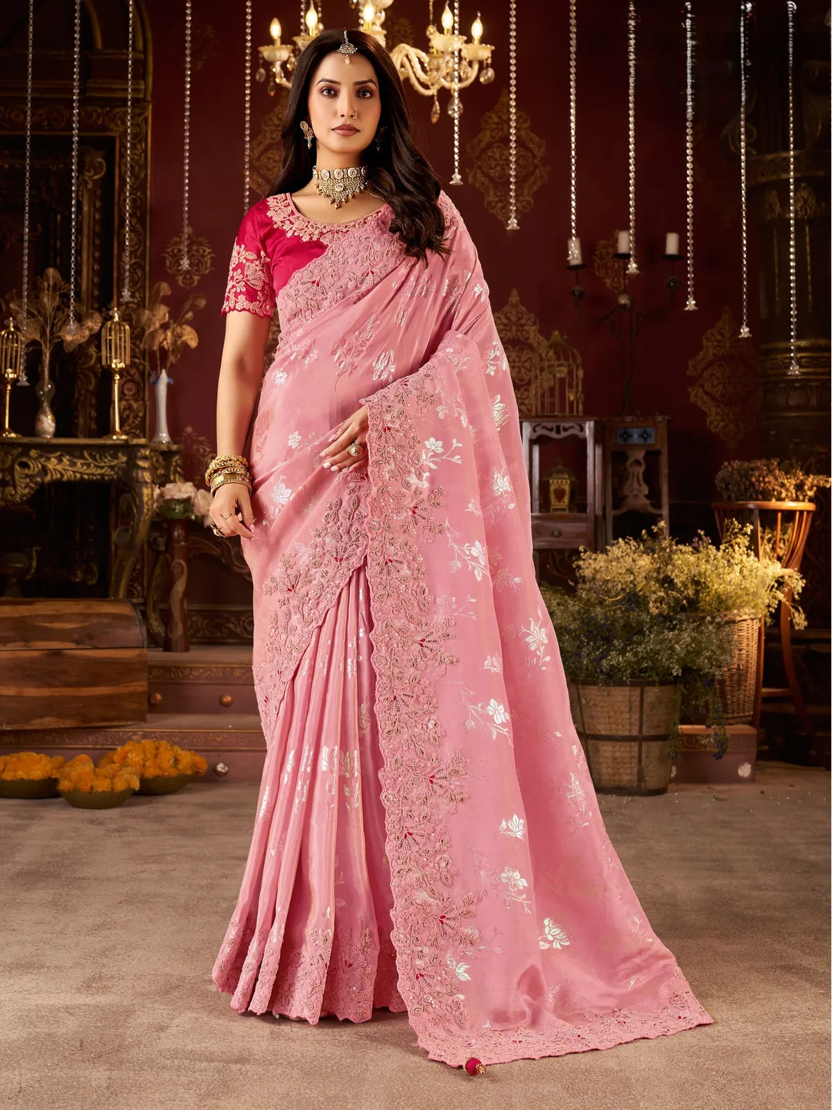 Tarani pink soft fancy saree with zari embroidery and heavy pallu latkan full view