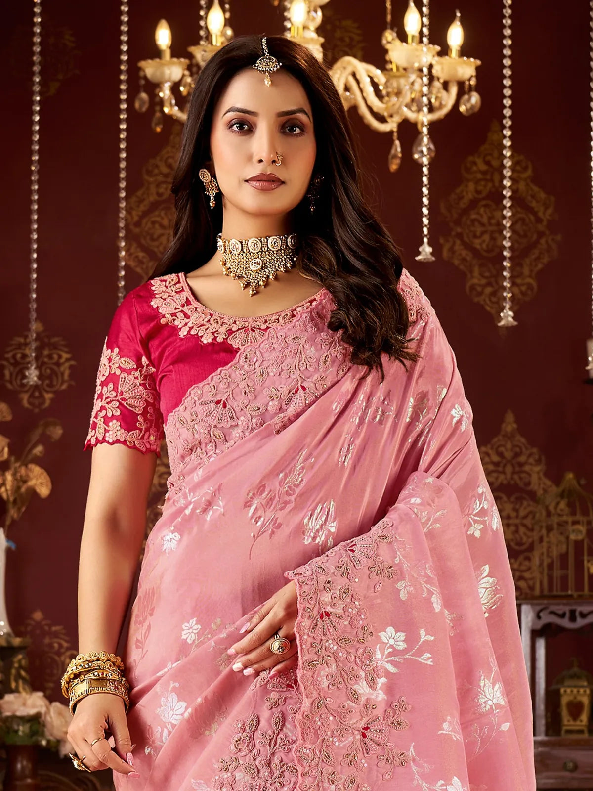 Tarani soft fancy saree in elegant pink with floral blouse upper body view
