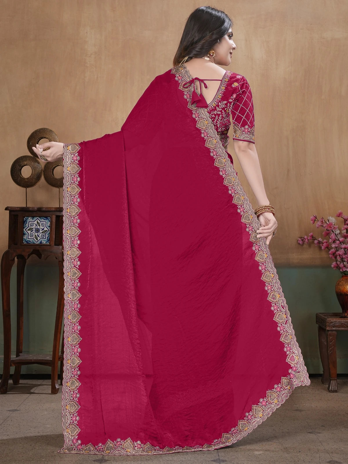 Tarani magenta soft Fandy satin saree with embroidery bits work back view