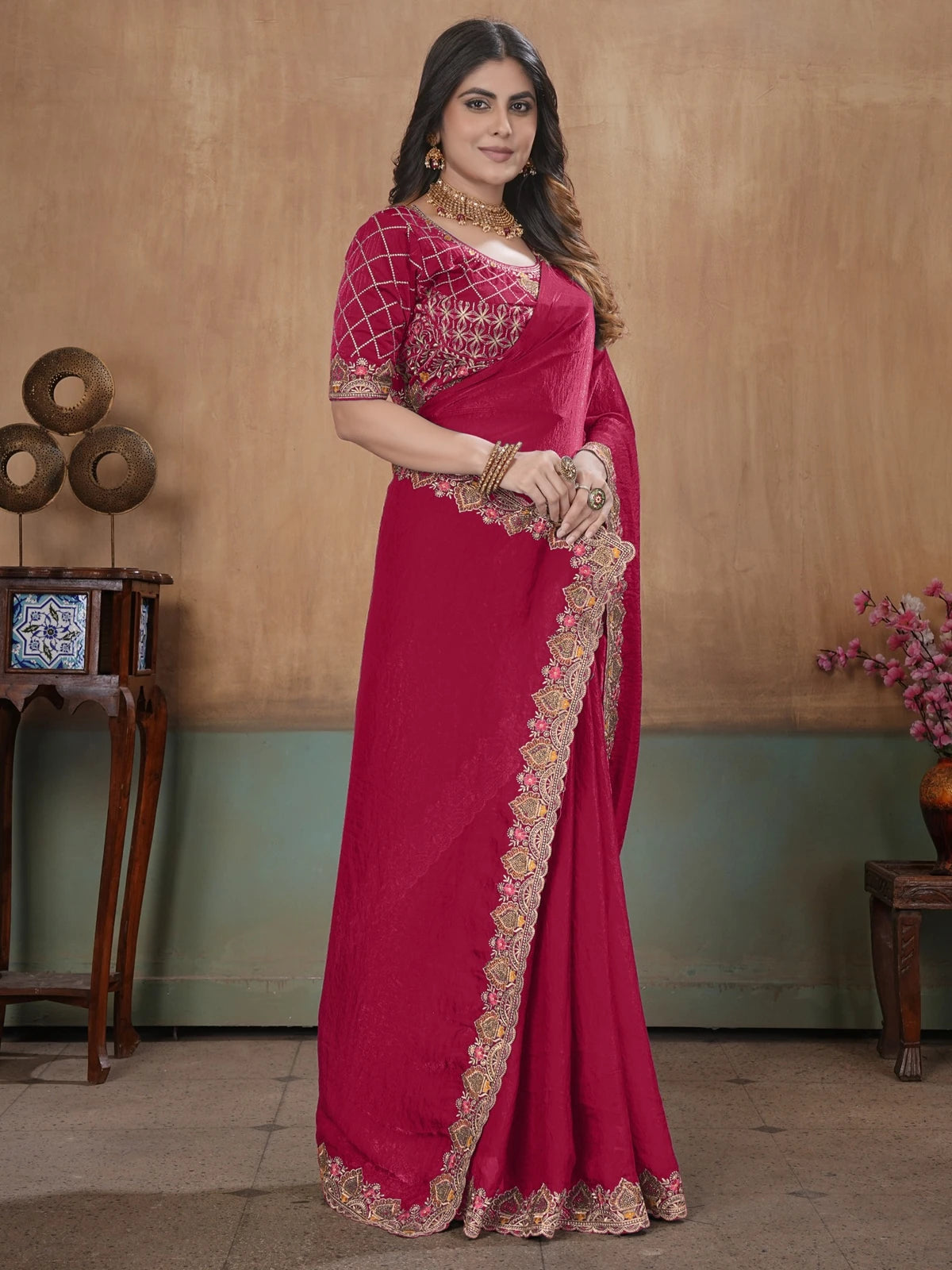Tarani magenta soft Fandy satin saree with embroidery bits work front view