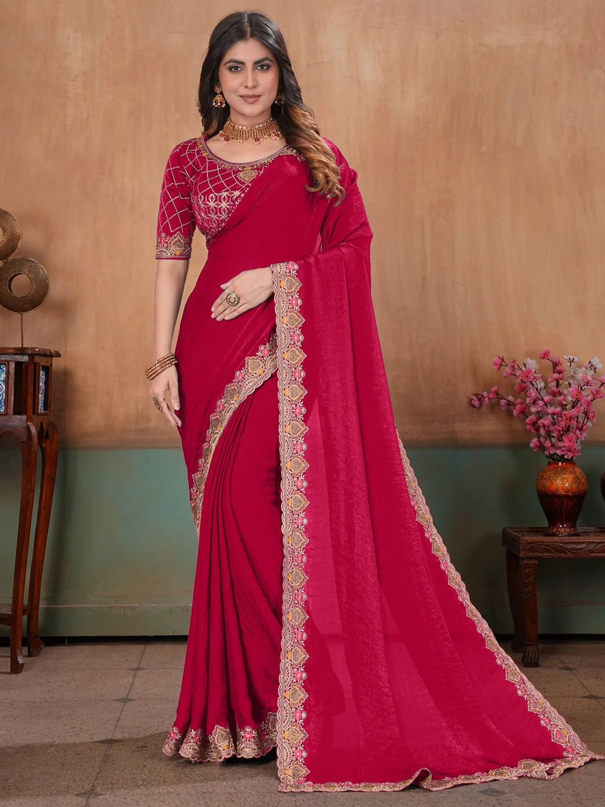 Tarani magenta soft Fandy satin saree with embroidery bits work full view