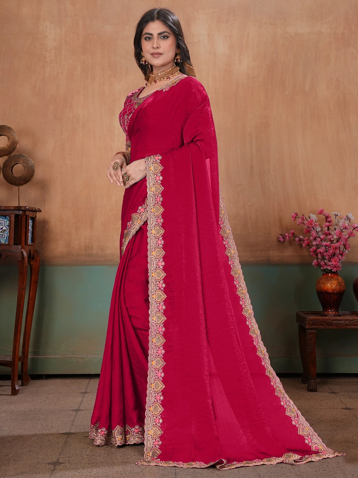 Tarani magenta soft Fandy satin saree with embroidery bits work side view