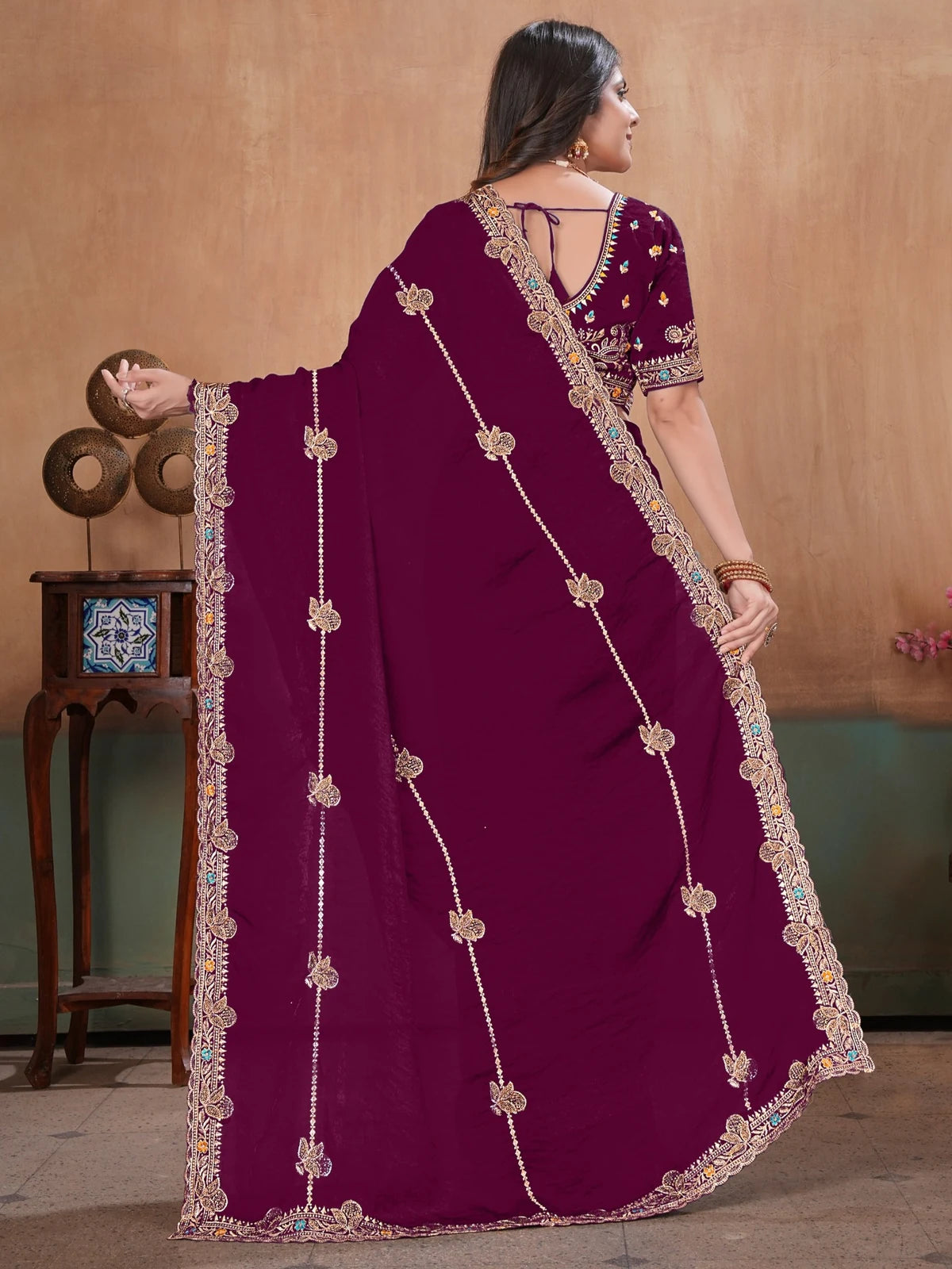 Tarani wine Soft Fandy Satin saree back view with embroidered pallu