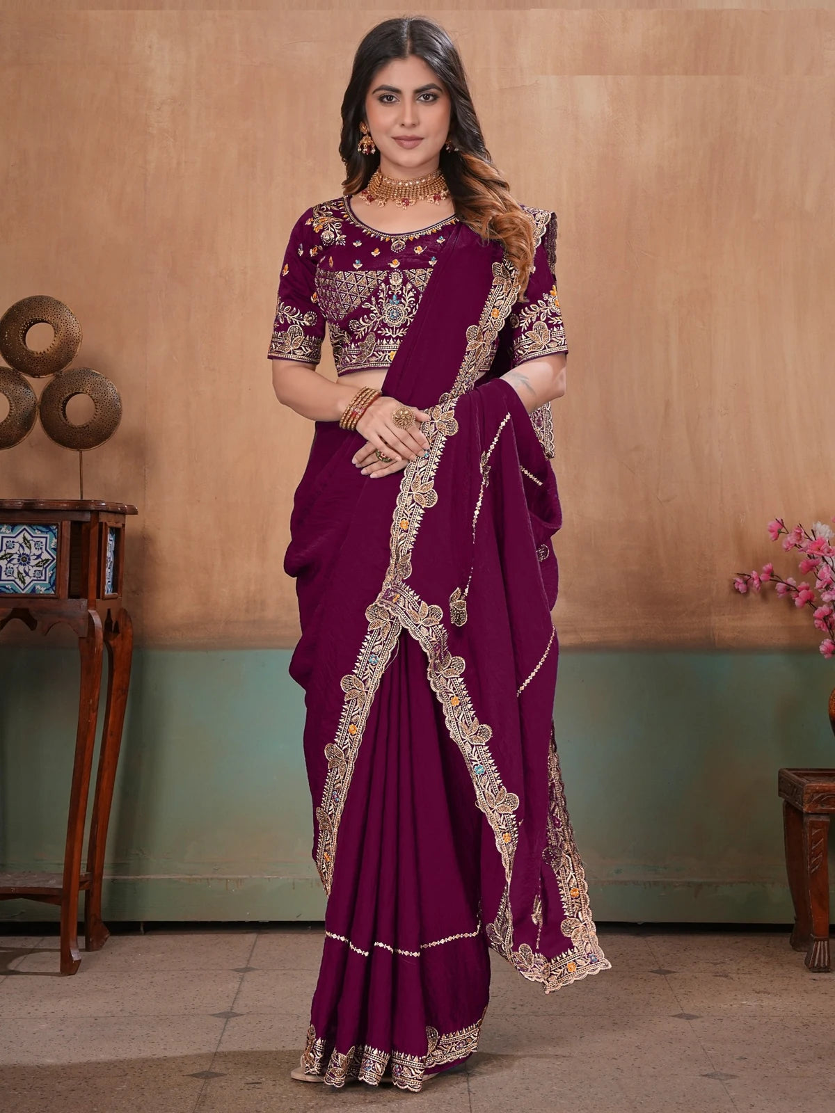 Tarani wine Soft Fandy Satin saree front drape view