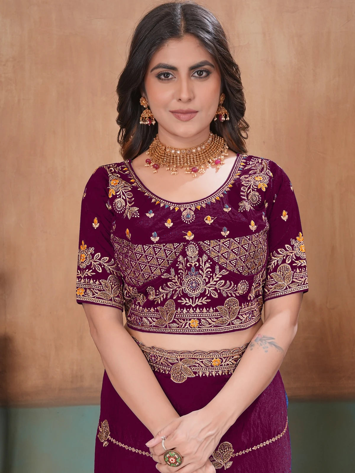 Tarani wine Soft Fandy Satin saree upper body blouse embroidery view