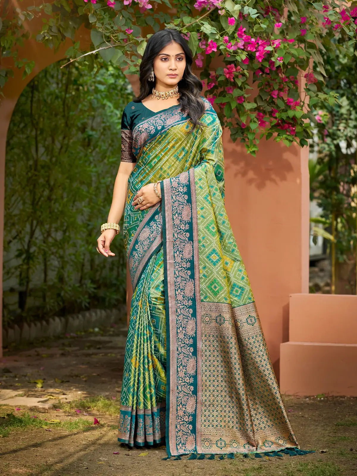 Tarani green soft silk saree with weaving work full view for festive and wedding wear