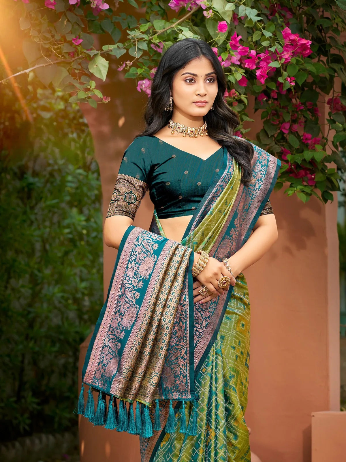 Tarani green soft silk saree upper body view with woven border and blouse detailing