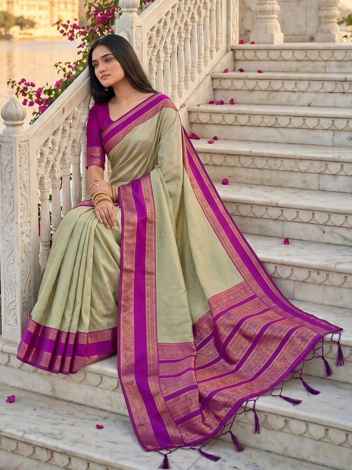 Tarani sage green party wear saree with detailed zari pallu and contrast magenta border
