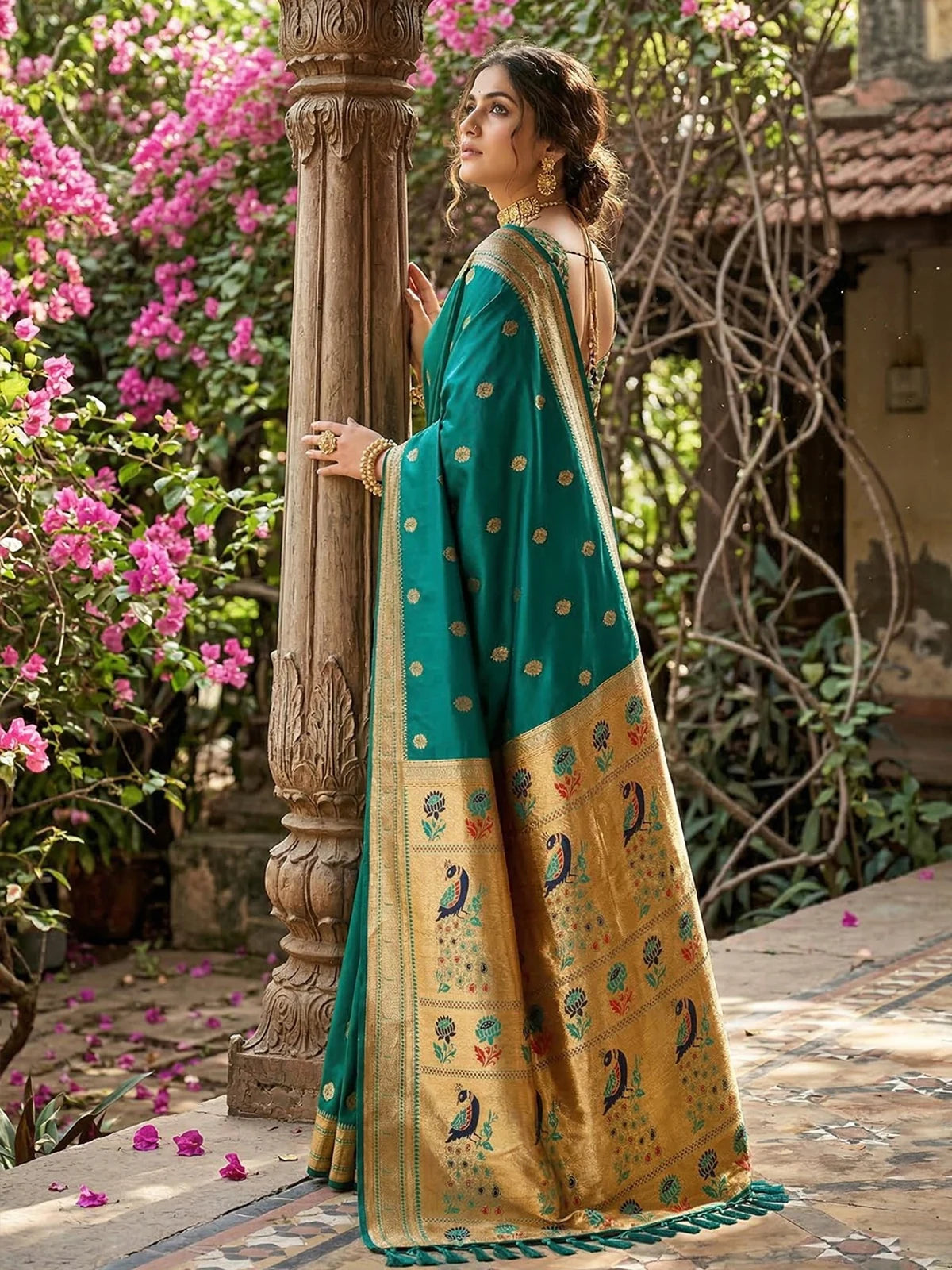Tarani teal soft silk saree back view showcasing pallu zari work and tassels Suman