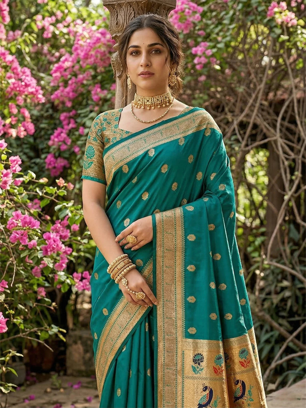 Tarani teal soft silk saree upper body view with zari border and blouse detailing Suman