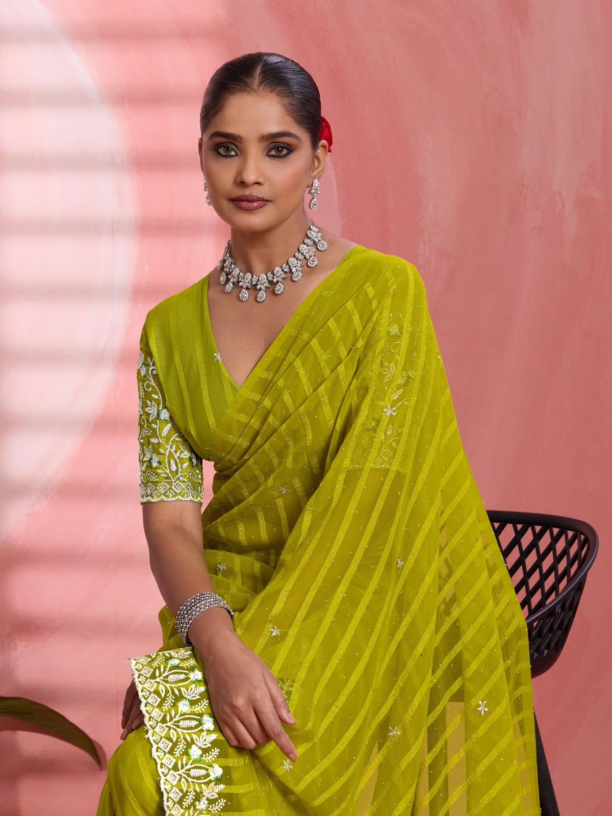 Tarani green solo chiffon saree front pose with detailed blouse and border work