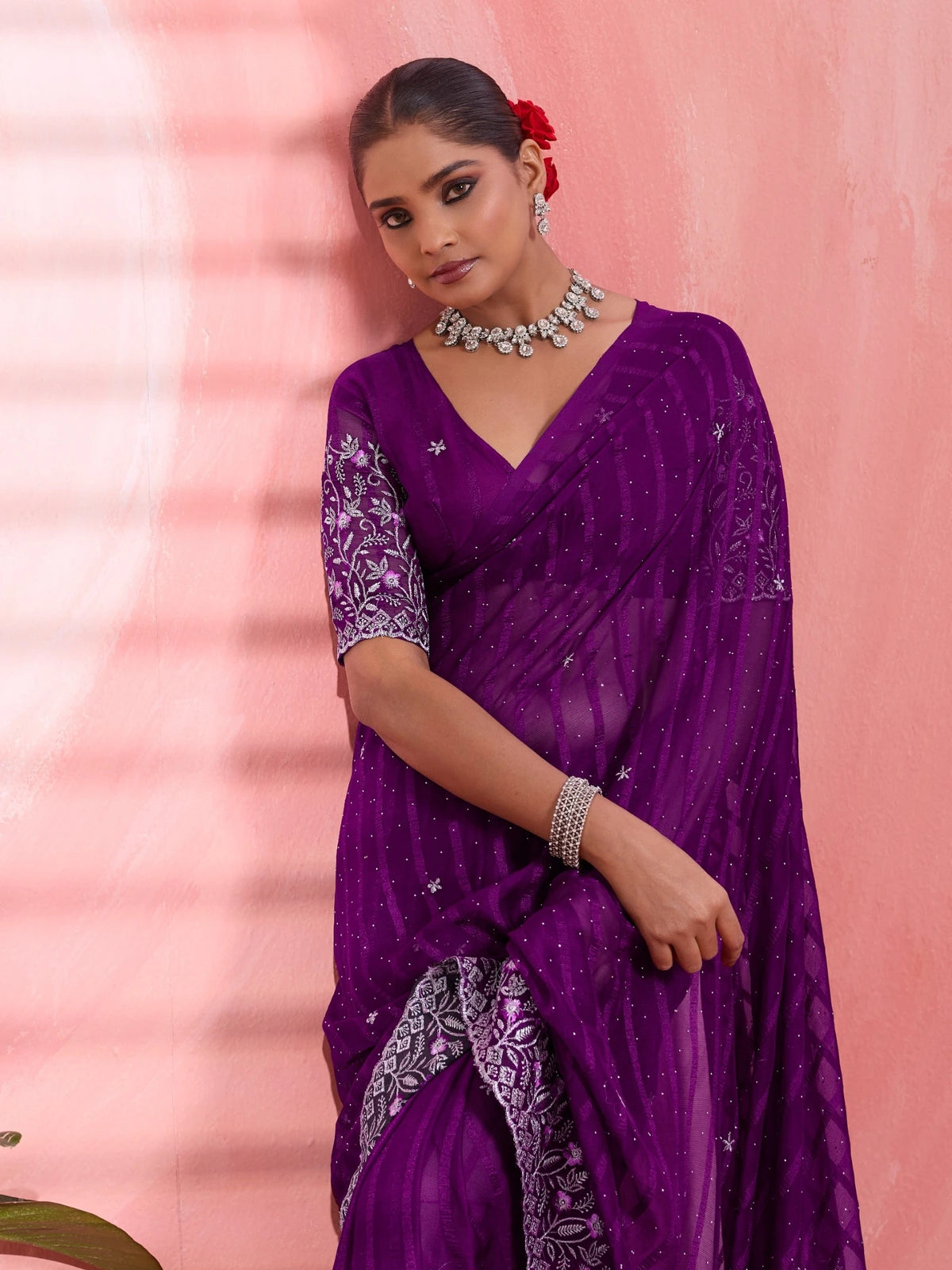 Tarani purple chiffon saree closeup view with blouse embroidery and border detailing