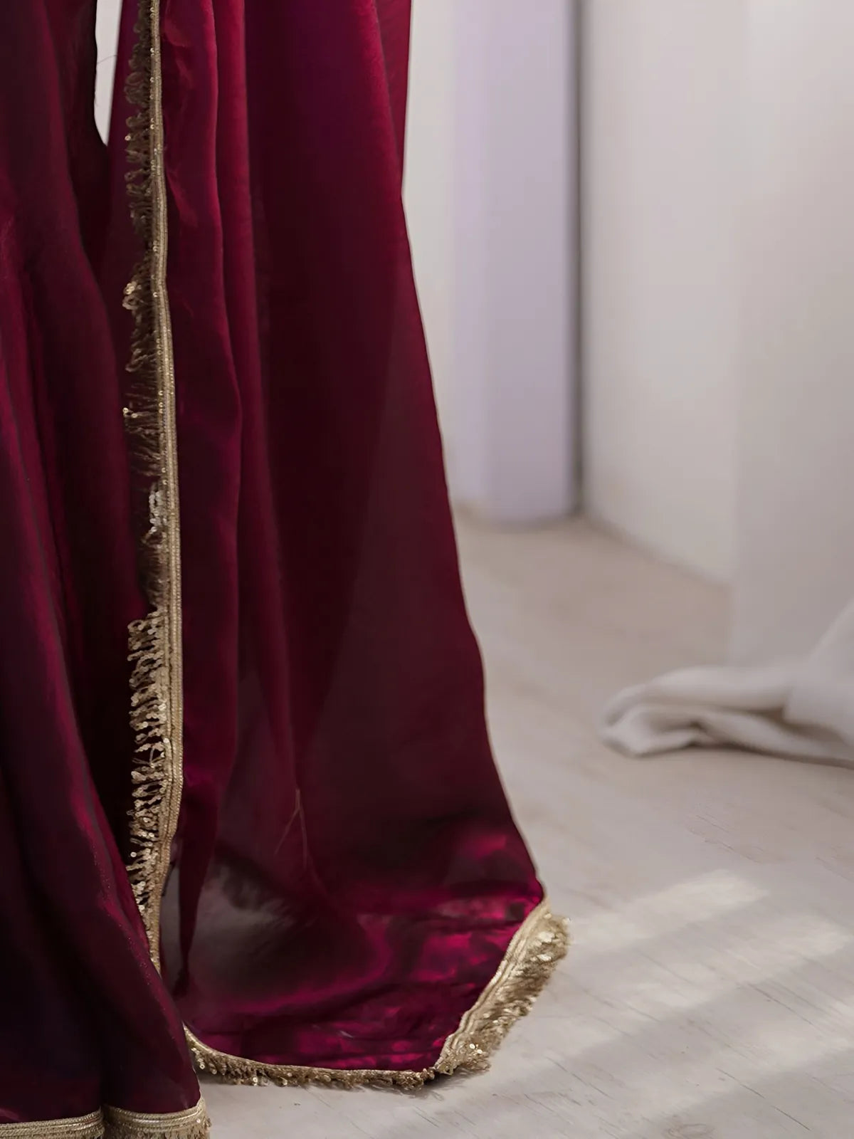 Tarani space silk saree closeup of golden zalar lace on soft maroon fabric