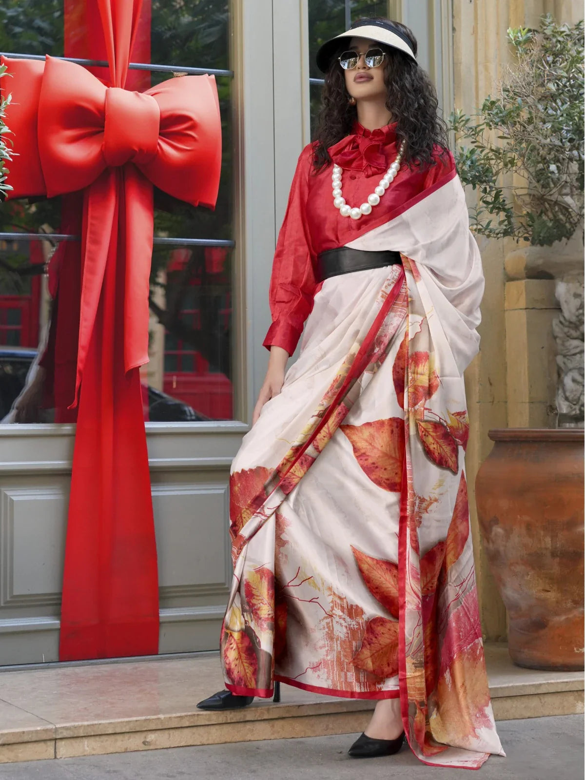 Tarani white Spanish satin saree with autumn leaf print for casual and carnival wear â€“ full view