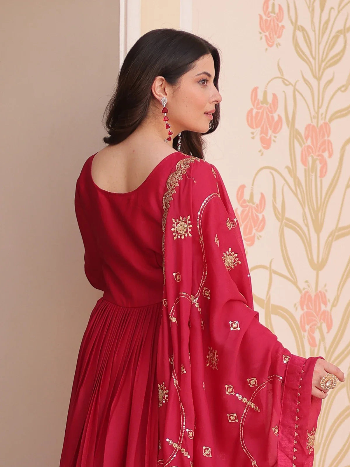 Tarani elegant red georgette gown back design with embroidered dupatta