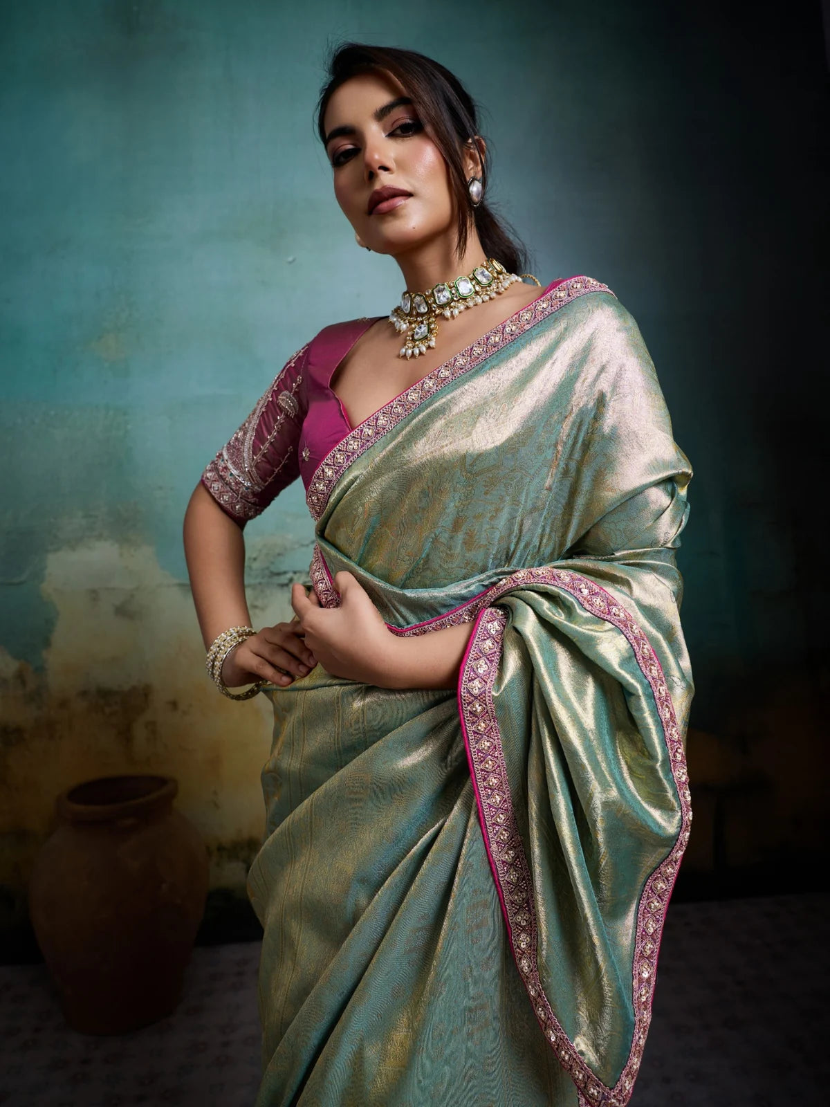 Tarani party wear tissue Banarasi saree close upper body drape with pink blouse