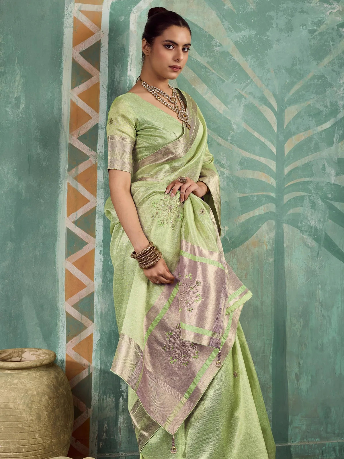 Tarani Hemali green tissue cotton saree front view with running blouse and embroidered pallu